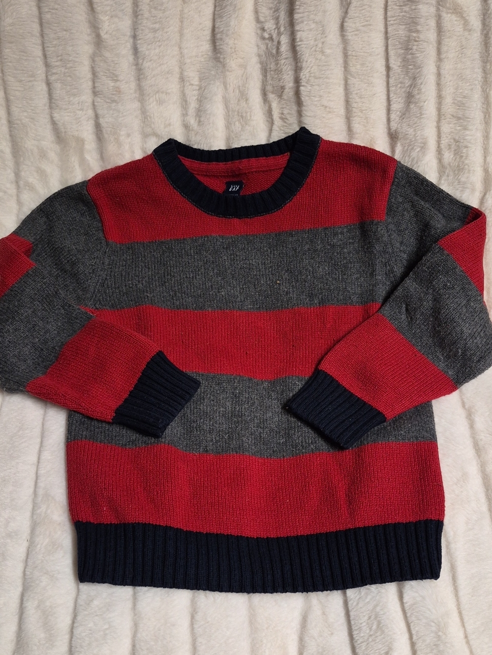 GAP Toddler Red and Gray Wide-Stripe Crewneck Sweater with Navy Trim